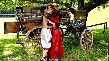 Classic p&period; lesbians Juliette and Ashley have fun by the wagon