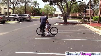 Latina teen Emily Mena learns to ride a bike with a help of a horny neighbor&period;