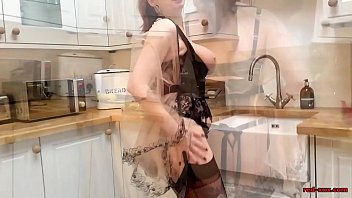 Naughty big tit mature in lingerie masturbating in the kitchen