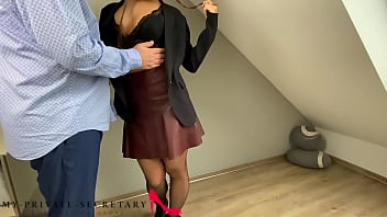 sexy business woman in red leather skirt taken doggystyle