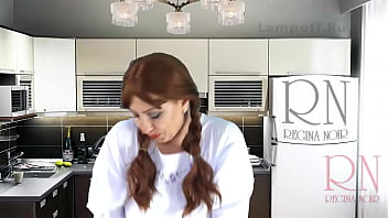 A housewife in a white short dress eats fruits&comma; shows her pussy and ass&period;