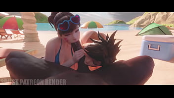 Tracer And D&period;va Blowing A Huge Cock making Him Cum In Her Mouth