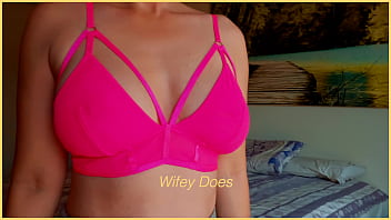 WIFE lingerie try on showing perfect tits in hot PINK bra for maximum cleavage