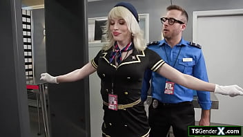 Trans flight attendant Izzy Wilde has a toy up her ass and security guy pulls it out&period;The big tits tgirl sucks cock and is ass fingered&period;Shes barebacked